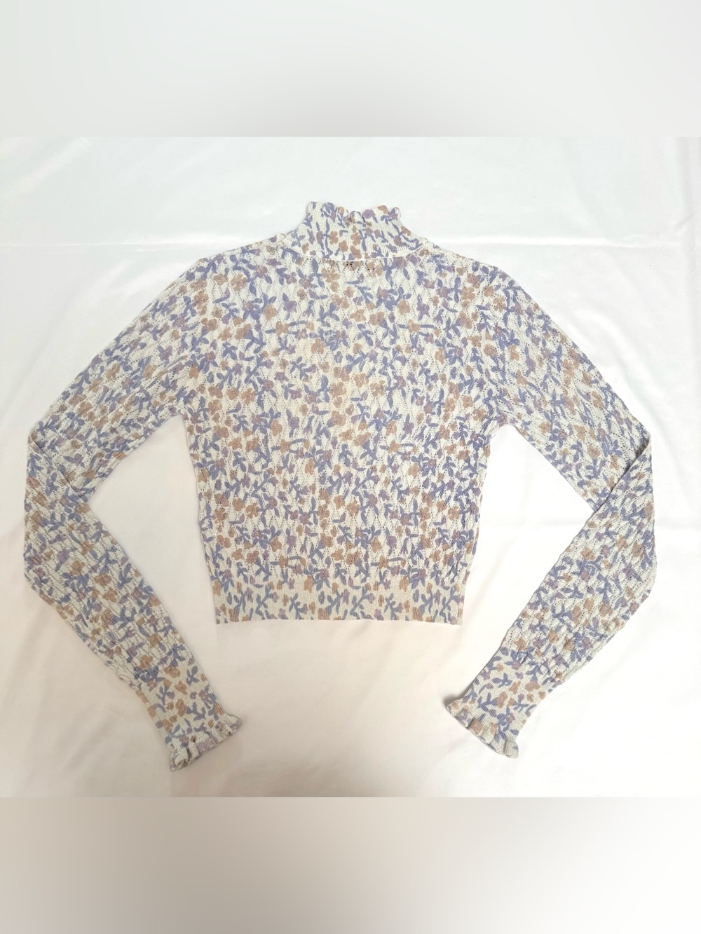 Zara Fine Knit Top Floral Print Mock Neck Ruffle Long Sleeve Sweater Cottagecore - Picture 10 of 12